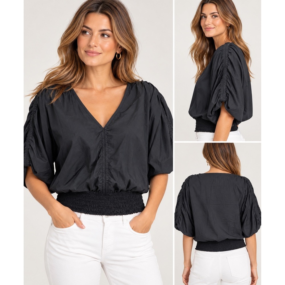 Calvin Klein Black V-Neck flutter Sleeve Smocked Waist Blouse Large
